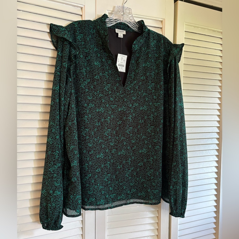 J. Crew Black Blouse with Green and Black Floral Print